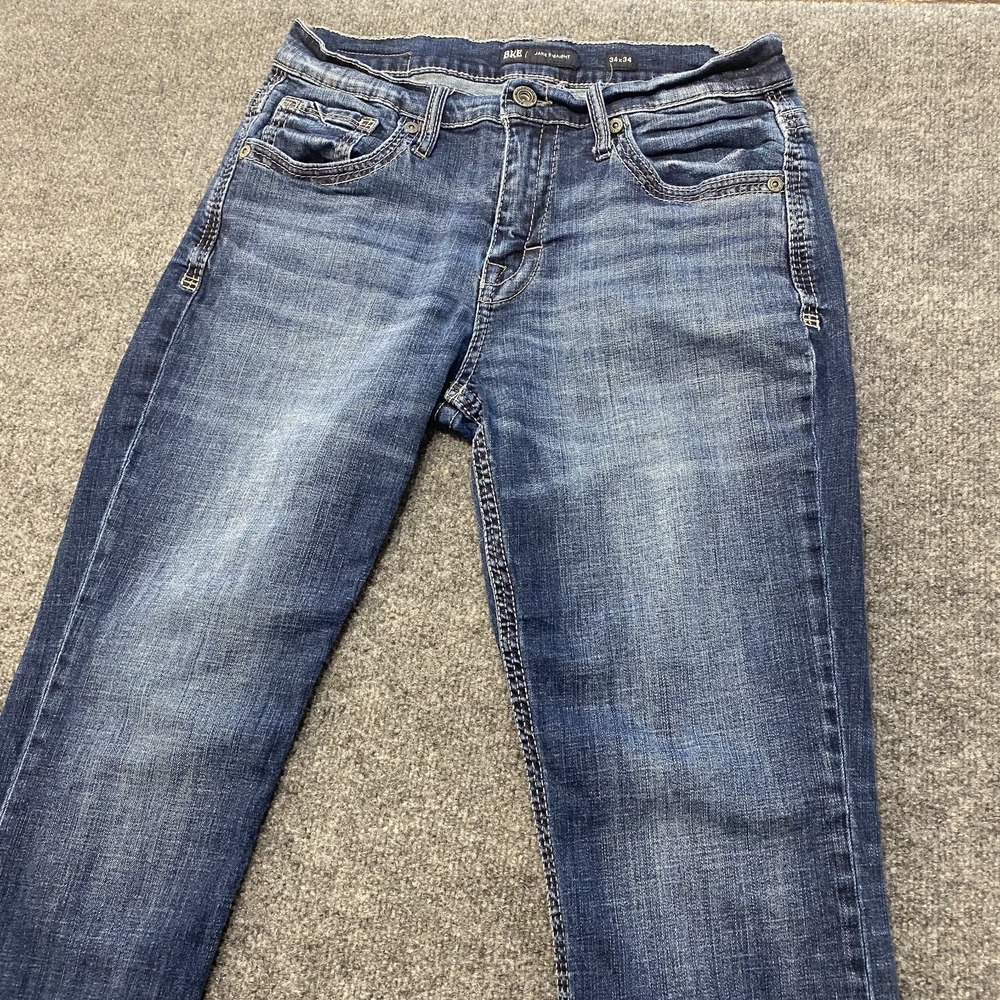 Buckle BKE Jake Straight Jeans Mens 34x34 Faded Whiskered Stretch Denim